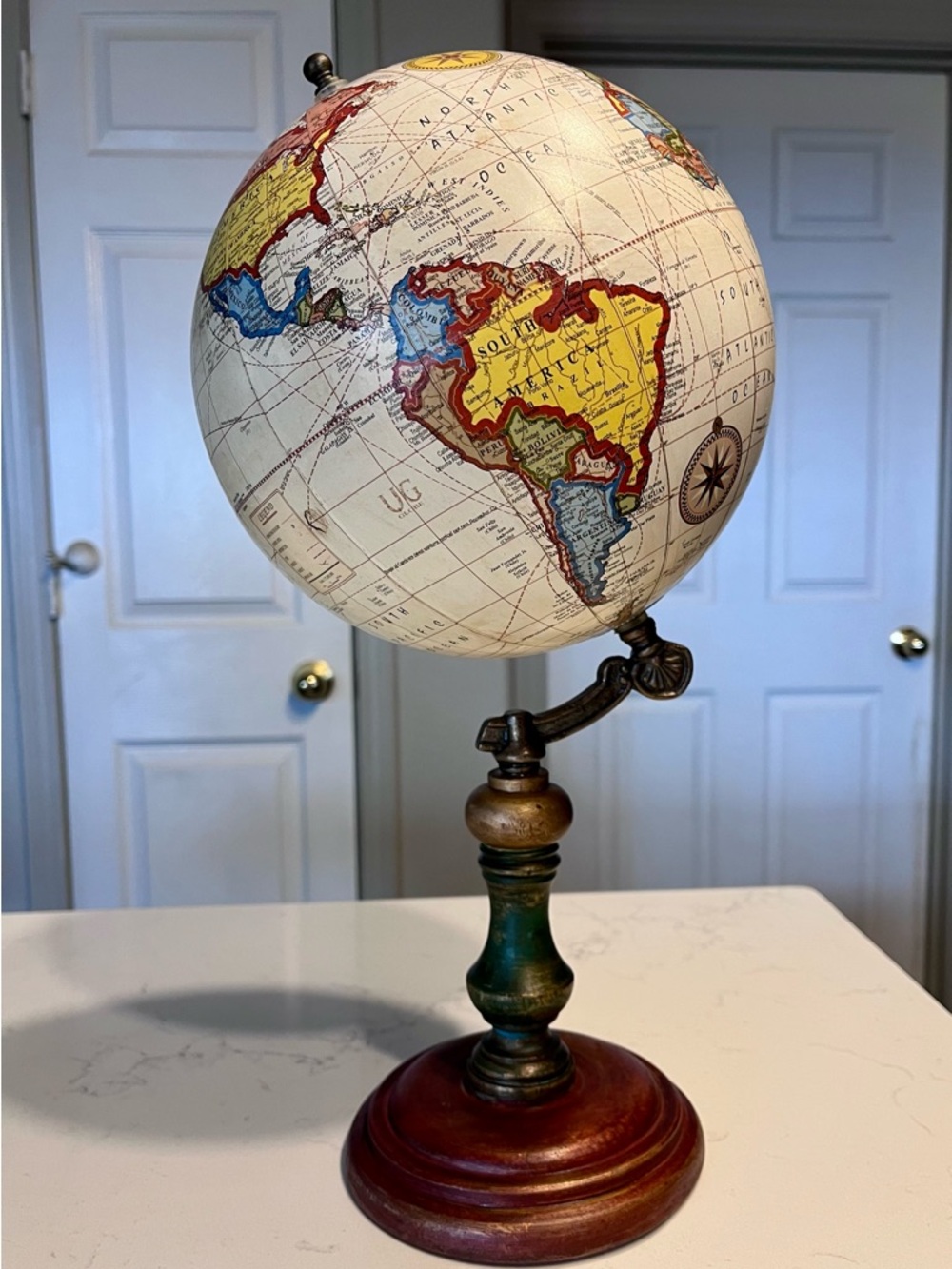 vintage-style desk globe with antique style wood & metal stand 7” round